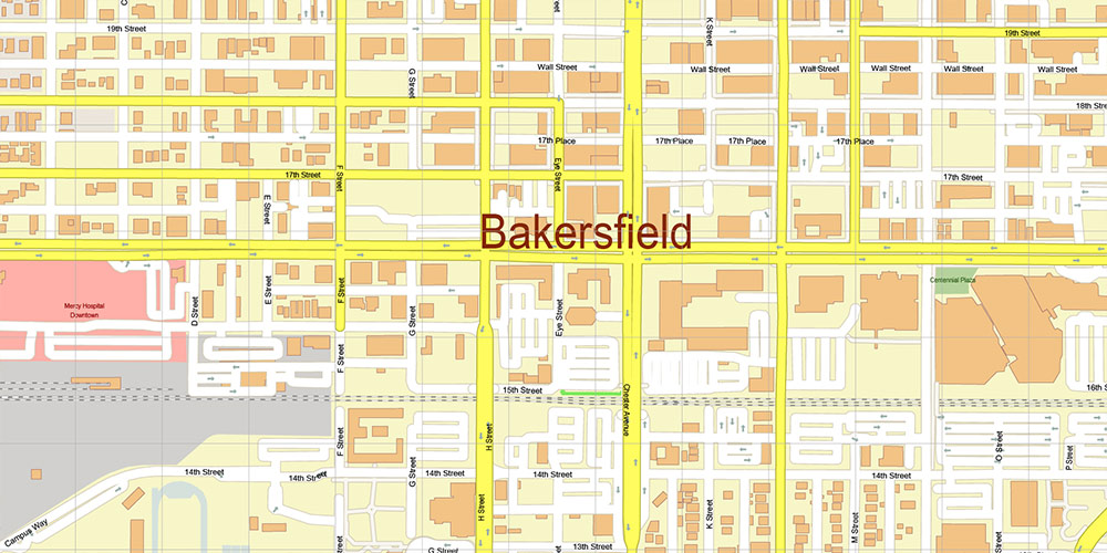 Bakersfield California USA Map Vector Exact City Plan High Detailed Street Map editable Adobe Illustrator in layers
