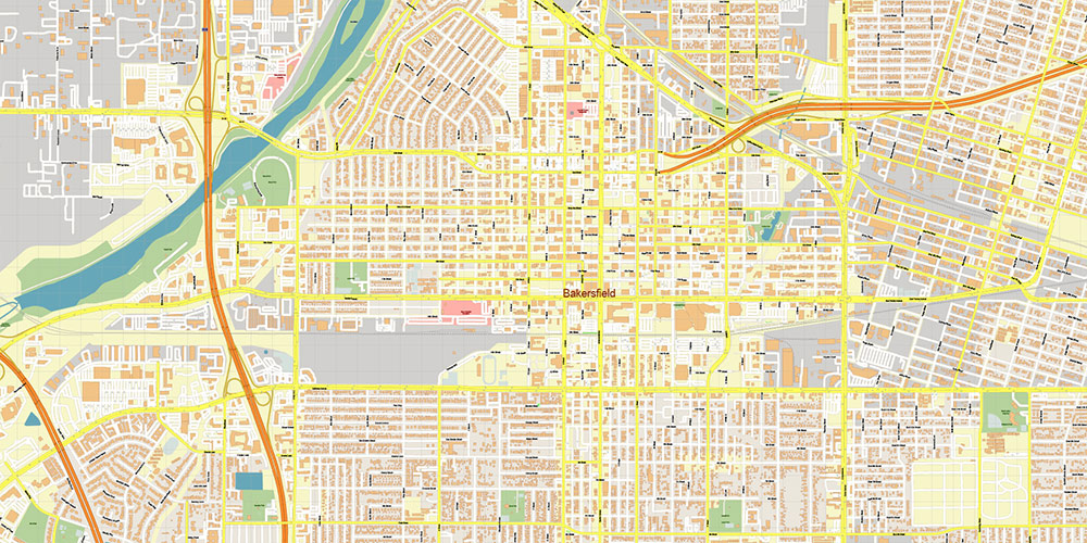 Bakersfield California USA Map Vector Exact City Plan High Detailed Street Map editable Adobe Illustrator in layers