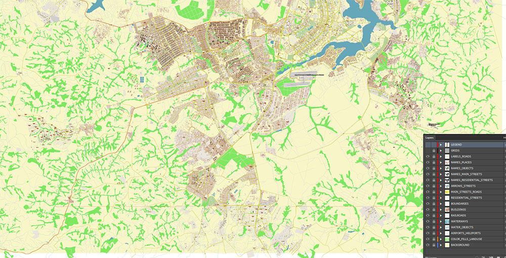 Brasilia City Brazil Map Vector Exact City Plan High Detailed Street Map editable Adobe Illustrator in layers