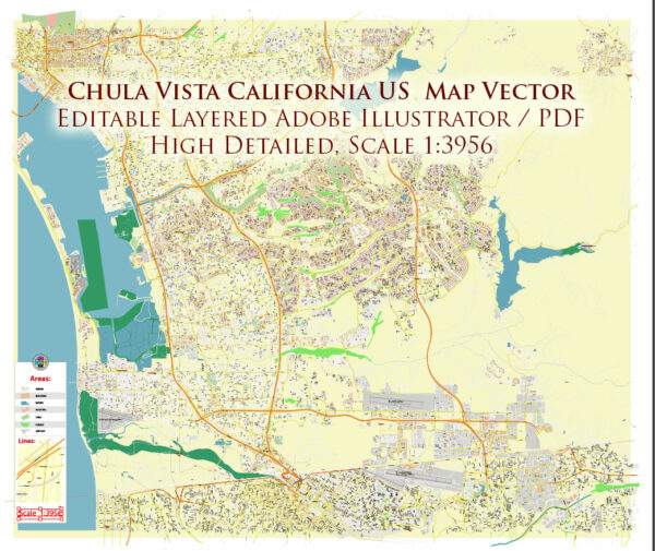 Chula Vista California USA Map Vector Exact City Plan High Detailed Street Map editable Adobe Illustrator in layers