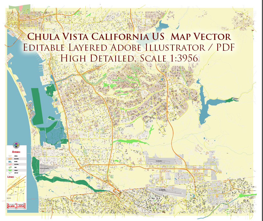 Chula Vista California USA Map Vector Exact City Plan High Detailed Street Map editable Adobe Illustrator in layers