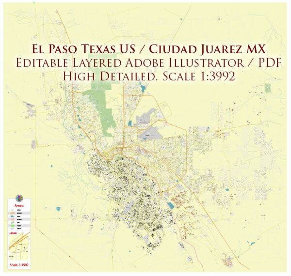 El Paso Texas US Ciudad Juarez Mexico Map Vector Exact City Plan High Detailed Street Map editable Adobe Illustrator in layers