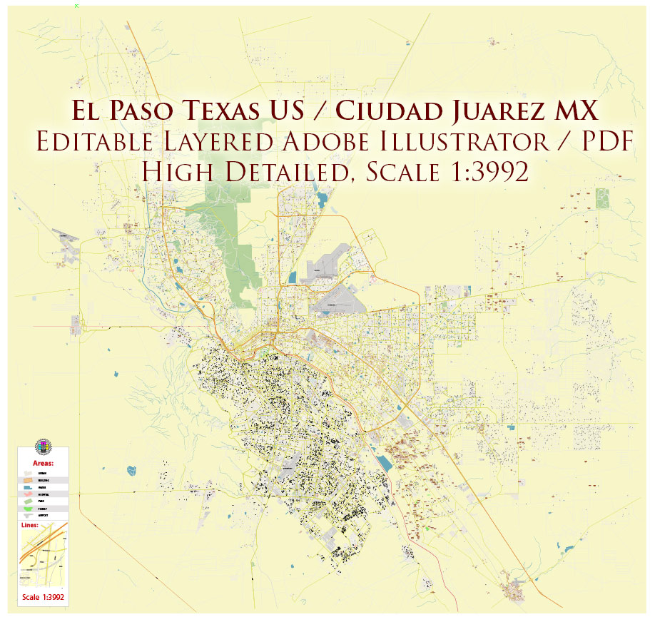 El Paso Texas US Ciudad Juarez Mexico Map Vector Exact City Plan High Detailed Street Map editable Adobe Illustrator in layers