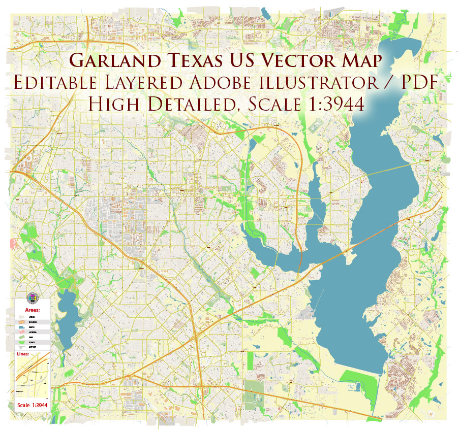 Garland Texas USA Map Vector Exact City Plan High Detailed Street Map editable Adobe Illustrator in layers