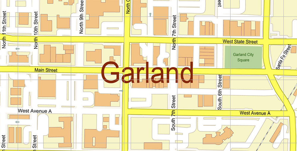 Garland Texas USA Map Vector Exact City Plan High Detailed Street Map editable Adobe Illustrator in layers