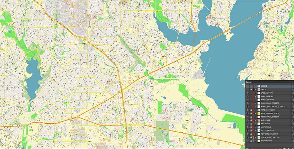 Garland Texas USA Map Vector Exact City Plan High Detailed Street Map editable Adobe Illustrator in layers