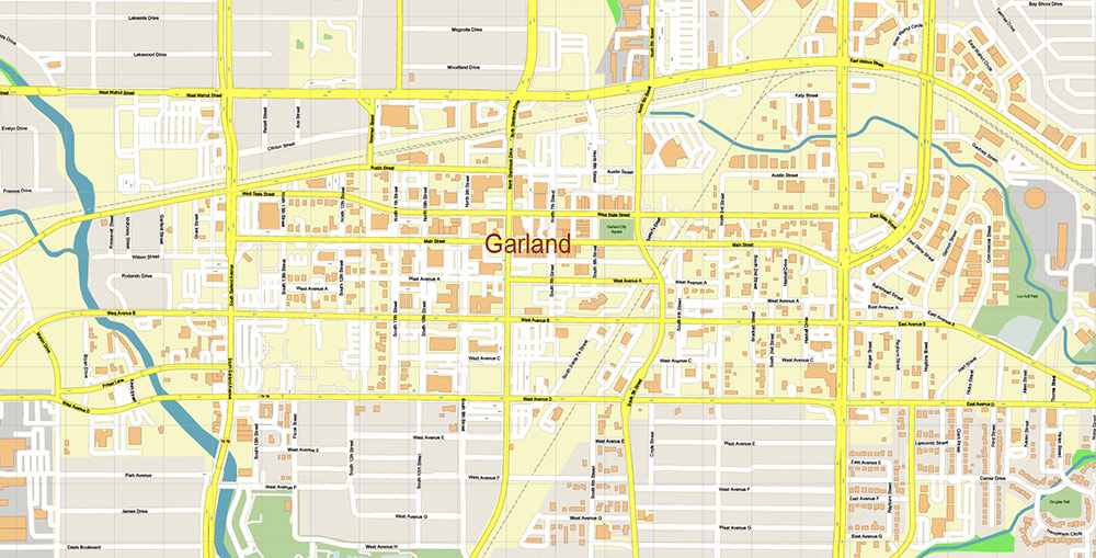 Garland Texas USA Map Vector Exact City Plan High Detailed Street Map editable Adobe Illustrator in layers