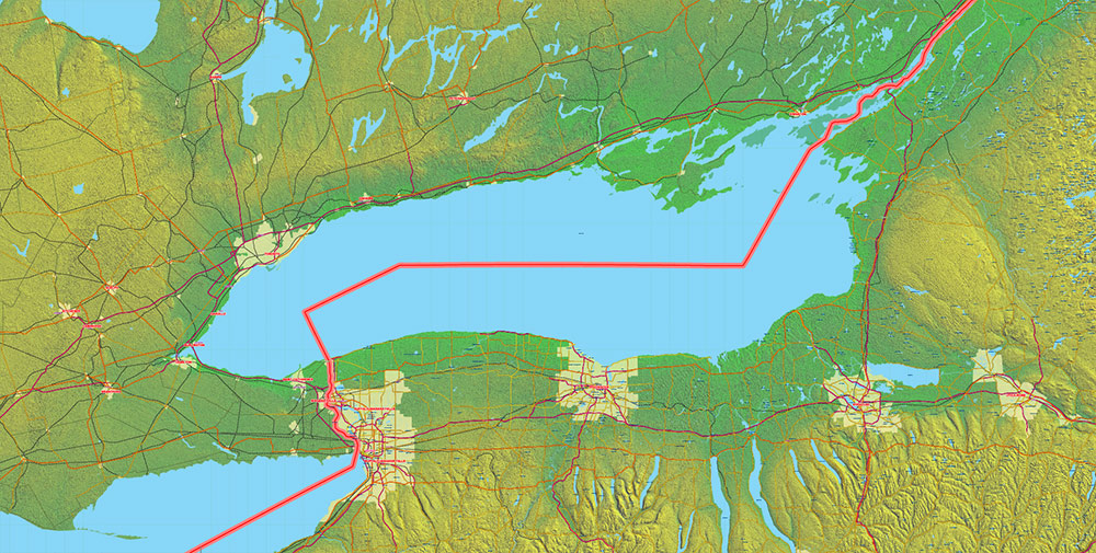 Great Lakes Area USA Canada Vector Map: high detailed road map + Shaded Relief editable Adobe Illustrator