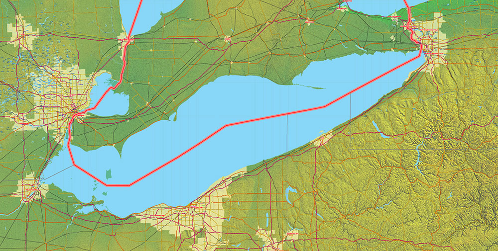 Great Lakes Area USA Canada Vector Map: high detailed road map + Shaded Relief editable Adobe Illustrator