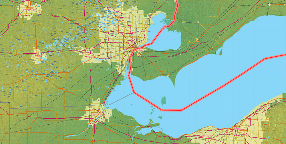 Great Lakes Area USA Canada Vector Map: high detailed road map + Shaded Relief editable Adobe Illustrator