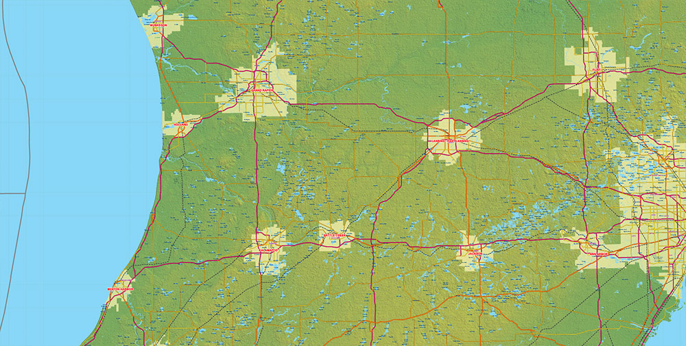 Great Lakes Area USA Canada Vector Map: high detailed road map + Shaded Relief editable Adobe Illustrator