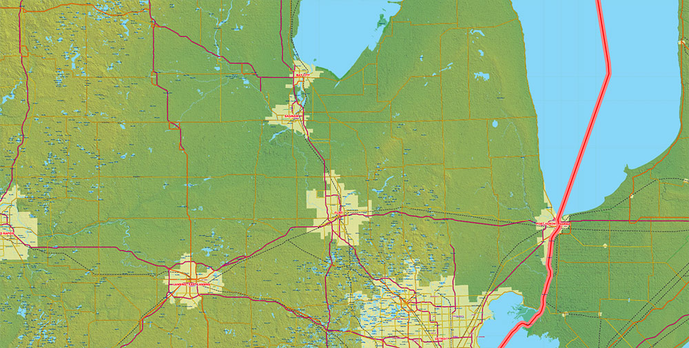 Great Lakes Area USA Canada Vector Map: high detailed road map + Shaded Relief editable Adobe Illustrator
