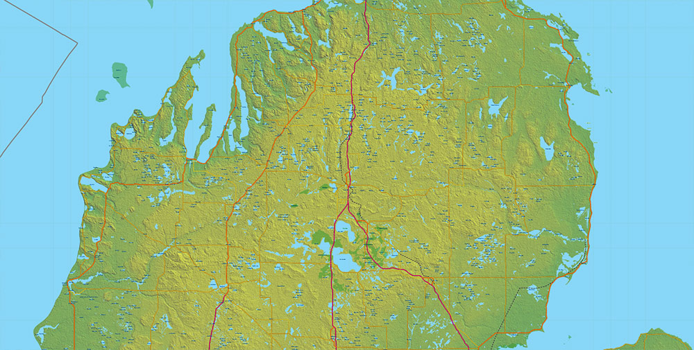 Great Lakes Area USA Canada Vector Map: high detailed road map + Shaded Relief editable Adobe Illustrator