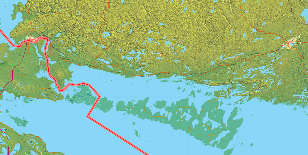 Great Lakes Area USA Canada Vector Map: high detailed road map + Shaded Relief editable Adobe Illustrator