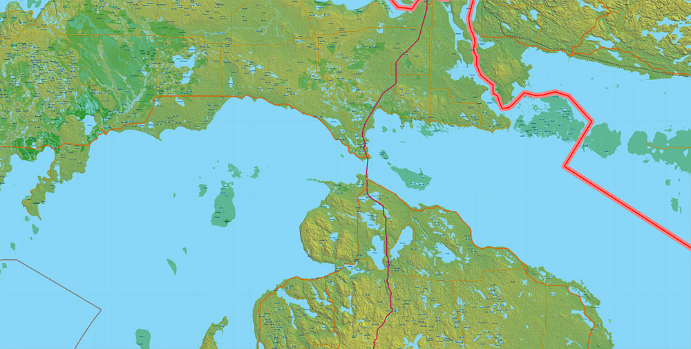 Great Lakes Area USA Canada Vector Map: high detailed road map + Shaded Relief editable Adobe Illustrator