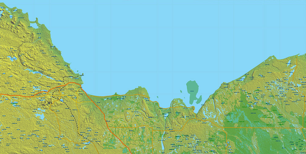 Great Lakes Area USA Canada Vector Map: high detailed road map + Shaded Relief editable Adobe Illustrator