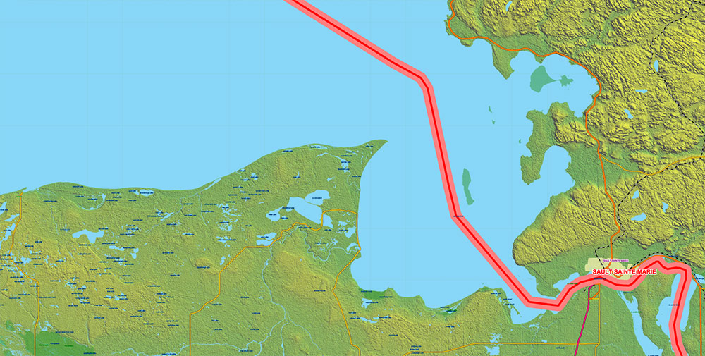 Great Lakes Area USA Canada Vector Map: high detailed road map + Shaded Relief editable Adobe Illustrator