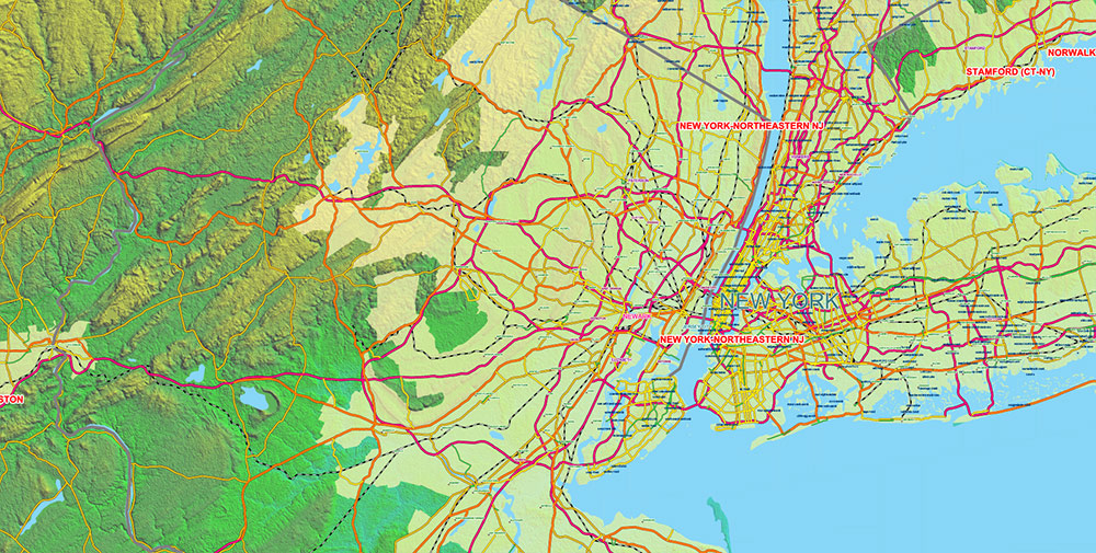 Great Lakes Area USA Canada Vector Map: high detailed road map + Shaded Relief editable Adobe Illustrator