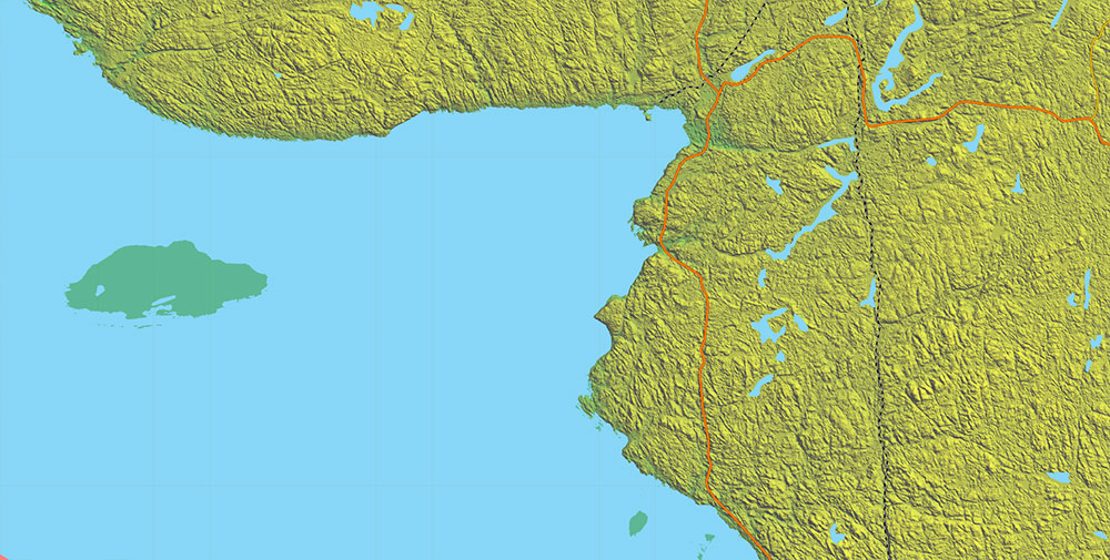 Great Lakes Area USA Canada Vector Map: high detailed road map + Shaded Relief editable Adobe Illustrator