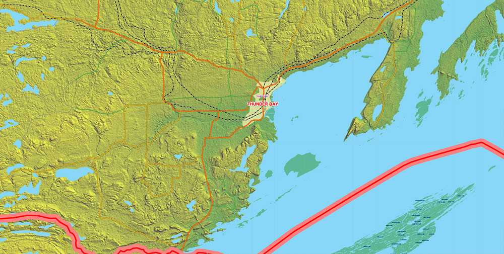 Great Lakes Area USA Canada Vector Map: high detailed road map + Shaded Relief editable Adobe Illustrator