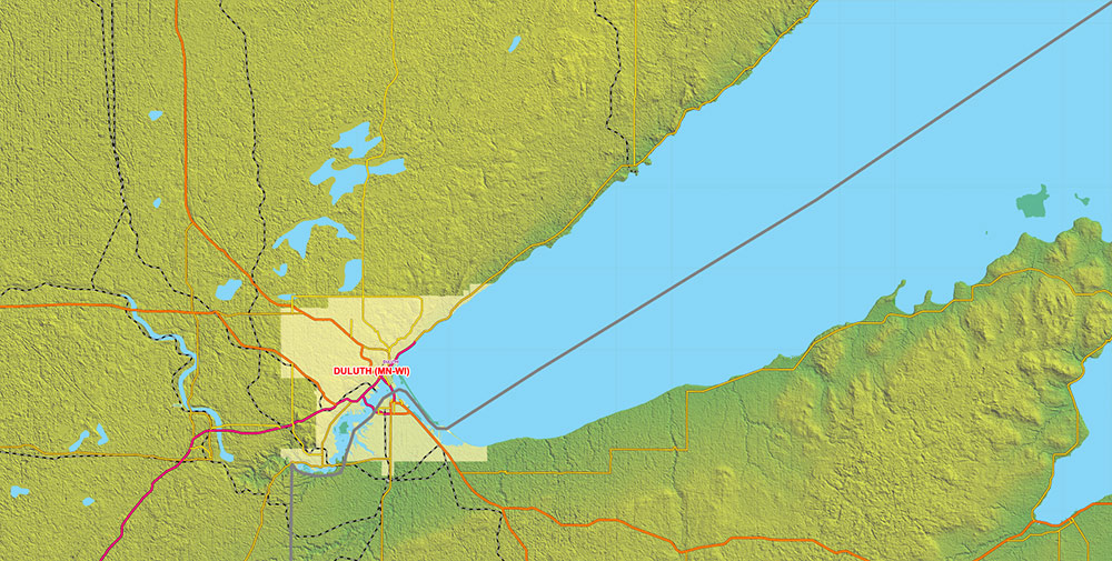 Great Lakes Area USA Canada Vector Map: high detailed road map + Shaded Relief editable Adobe Illustrator
