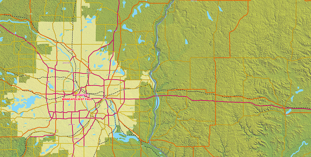 Great Lakes Area USA Canada Vector Map: high detailed road map + Shaded Relief editable Adobe Illustrator