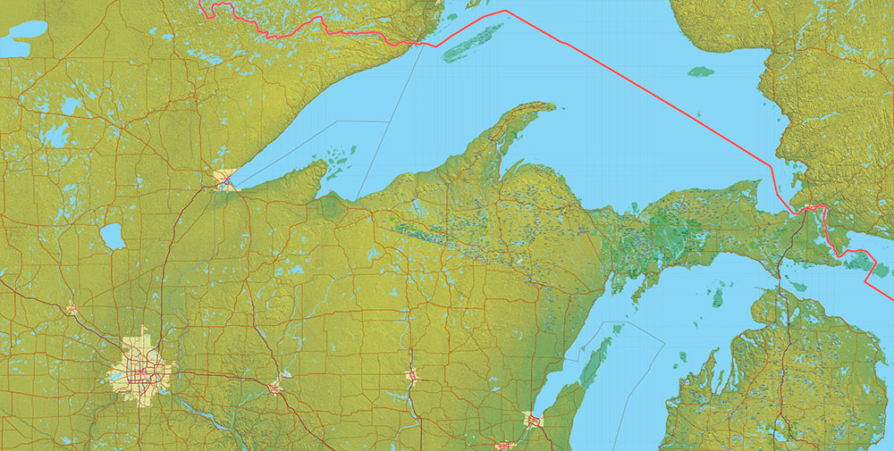 Great Lakes Area USA Canada Vector Map: high detailed road map + Shaded Relief editable Adobe Illustrator