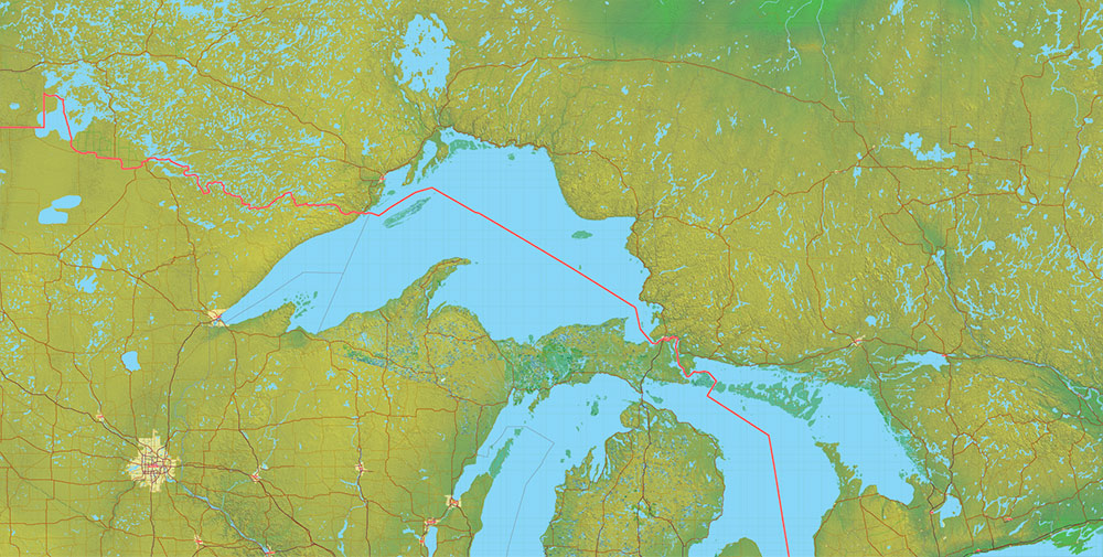 Great Lakes Area USA Canada Vector Map: high detailed road map + Shaded Relief editable Adobe Illustrator