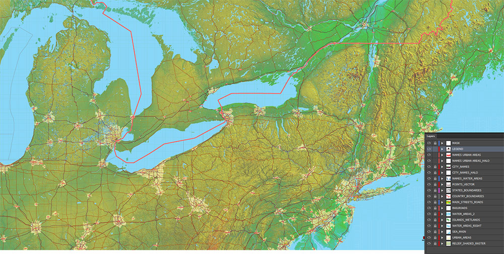Great Lakes Area USA Canada Vector Map: high detailed road map + Shaded Relief editable Adobe Illustrator