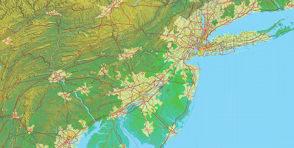 Great Lakes Area USA Canada Vector Map: high detailed road map + Shaded Relief editable Adobe Illustrator