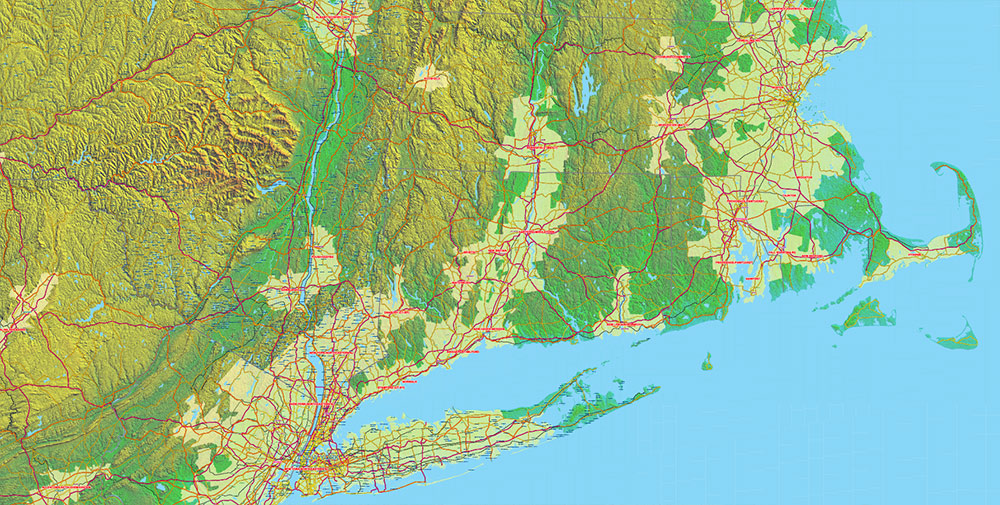Great Lakes Area USA Canada Vector Map: high detailed road map + Shaded Relief editable Adobe Illustrator