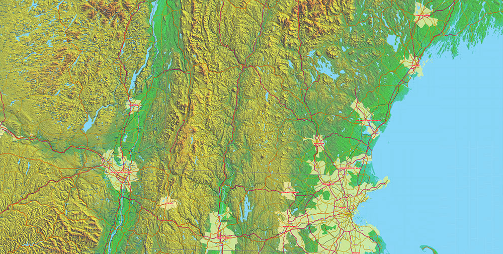 Great Lakes Area USA Canada Vector Map: high detailed road map + Shaded Relief editable Adobe Illustrator