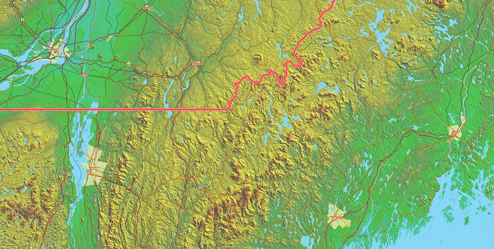 Great Lakes Area USA Canada Vector Map: high detailed road map + Shaded Relief editable Adobe Illustrator