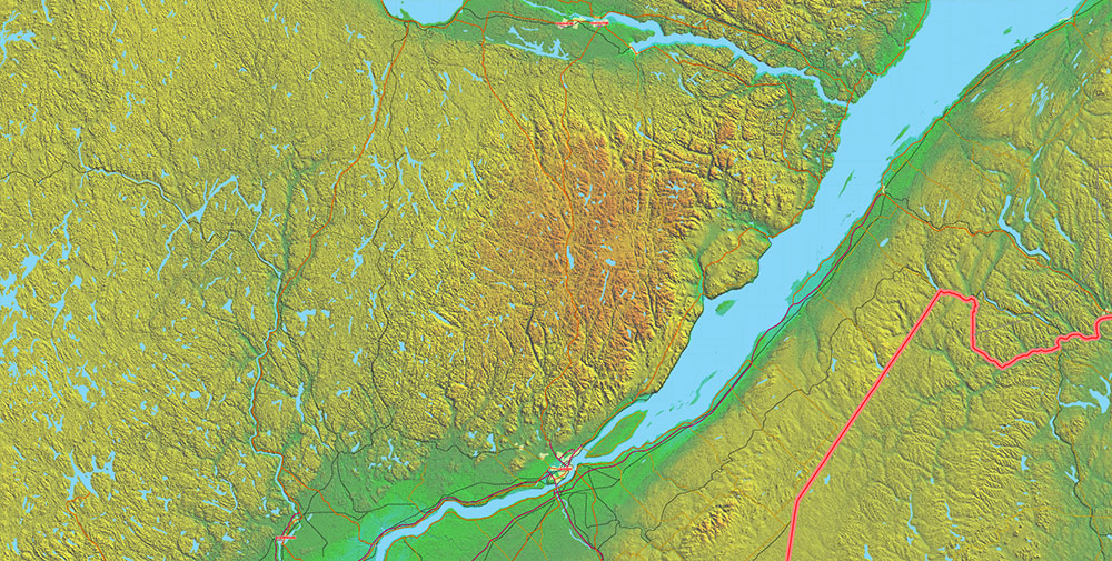 Great Lakes Area USA Canada Vector Map: high detailed road map + Shaded Relief editable Adobe Illustrator