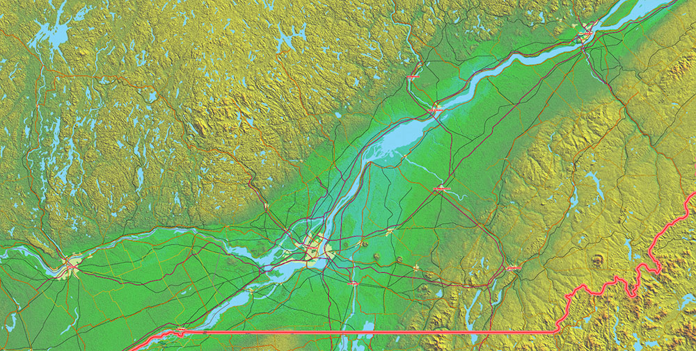 Great Lakes Area USA Canada Vector Map: high detailed road map + Shaded Relief editable Adobe Illustrator