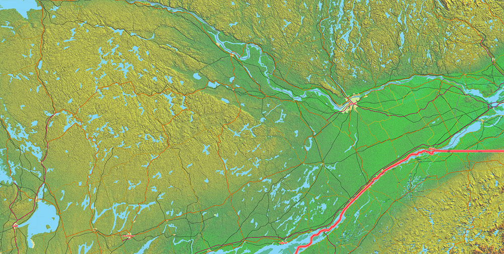 Great Lakes Area USA Canada Vector Map: high detailed road map + Shaded Relief editable Adobe Illustrator