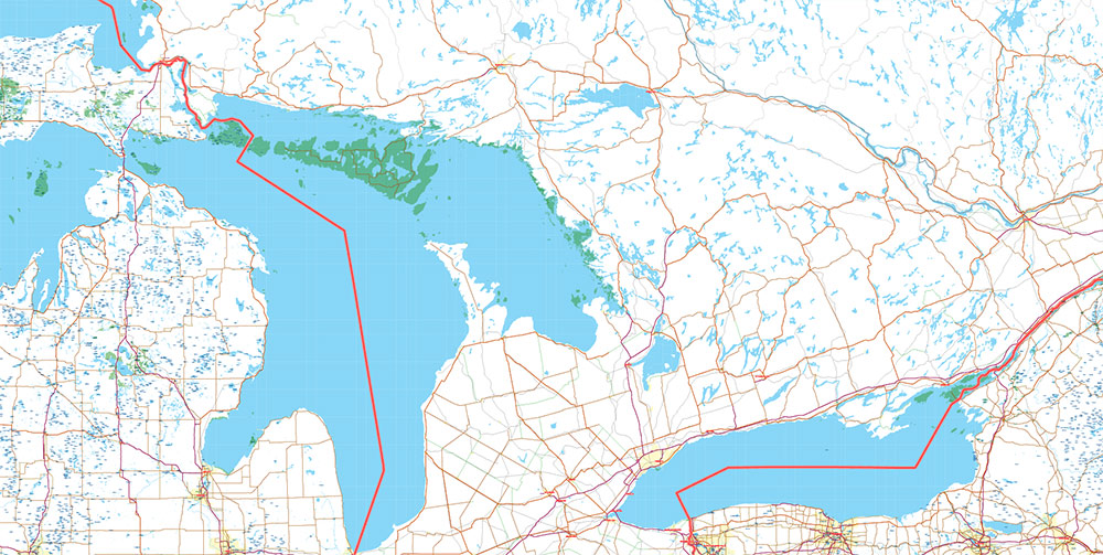 Great Lakes Area USA Canada Vector Map: high detailed road map editable Adobe Illustrator