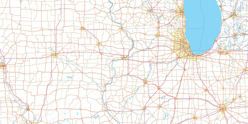 Great Lakes Area USA Canada Vector Map: high detailed road map editable Adobe Illustrator