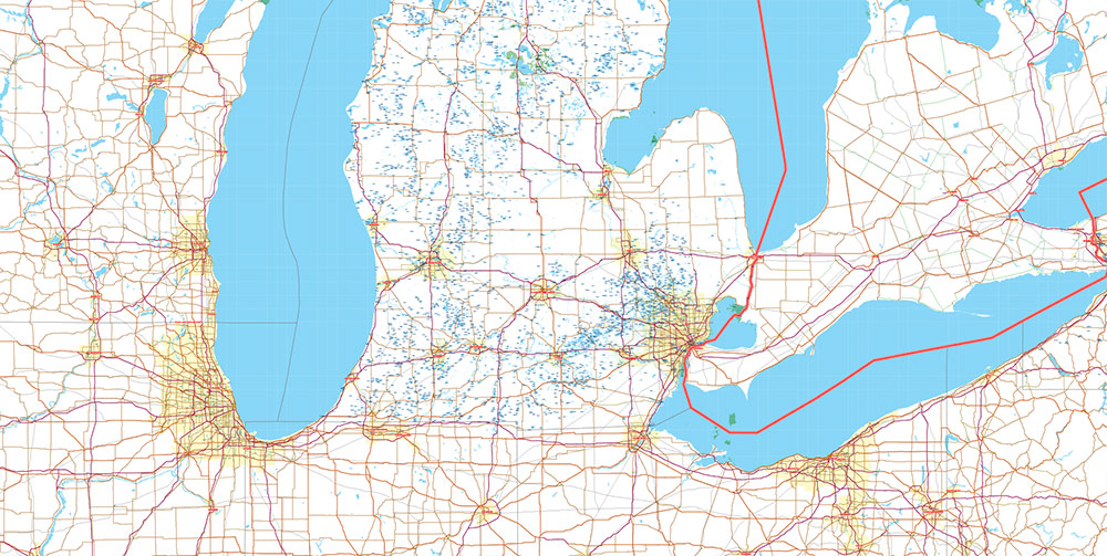 Great Lakes Area USA Canada Vector Map: high detailed road map editable Adobe Illustrator