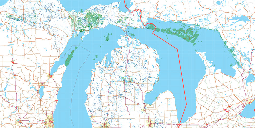 Great Lakes Area USA Canada Vector Map: high detailed road map editable Adobe Illustrator