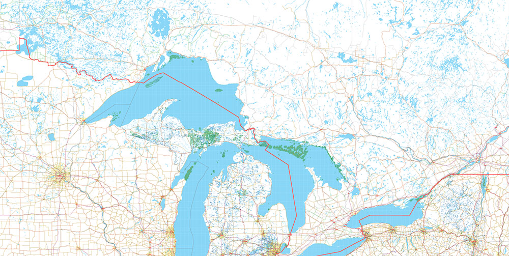 Great Lakes Area USA Canada Vector Map: high detailed road map editable Adobe Illustrator