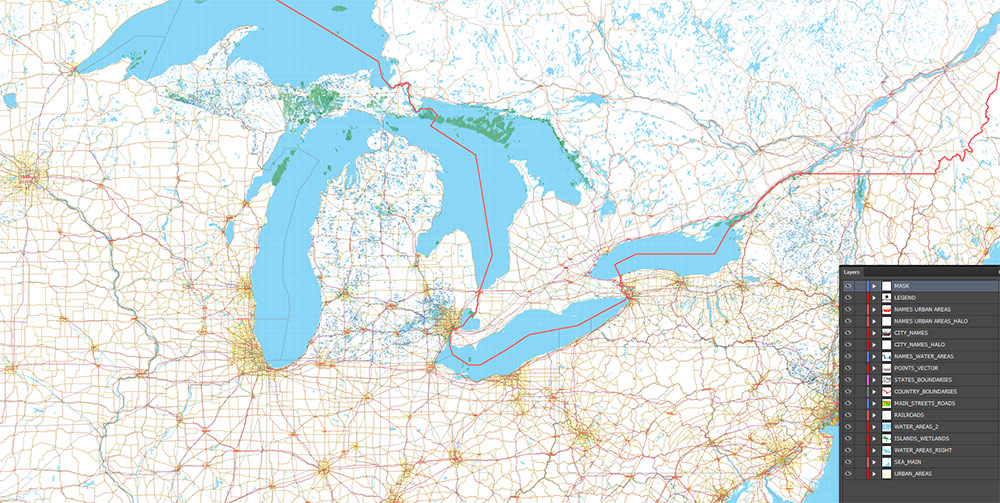 Great Lakes Area USA Canada Vector Map: high detailed road map editable Adobe Illustrator