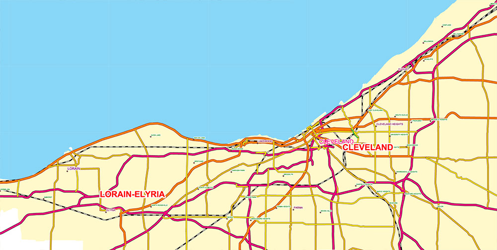 Great Lakes Area USA Canada Vector Map: high detailed road map editable Adobe Illustrator