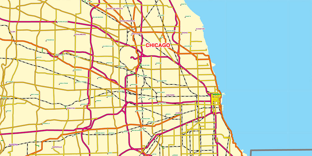 Great Lakes Area USA Canada Vector Map: high detailed road map editable Adobe Illustrator