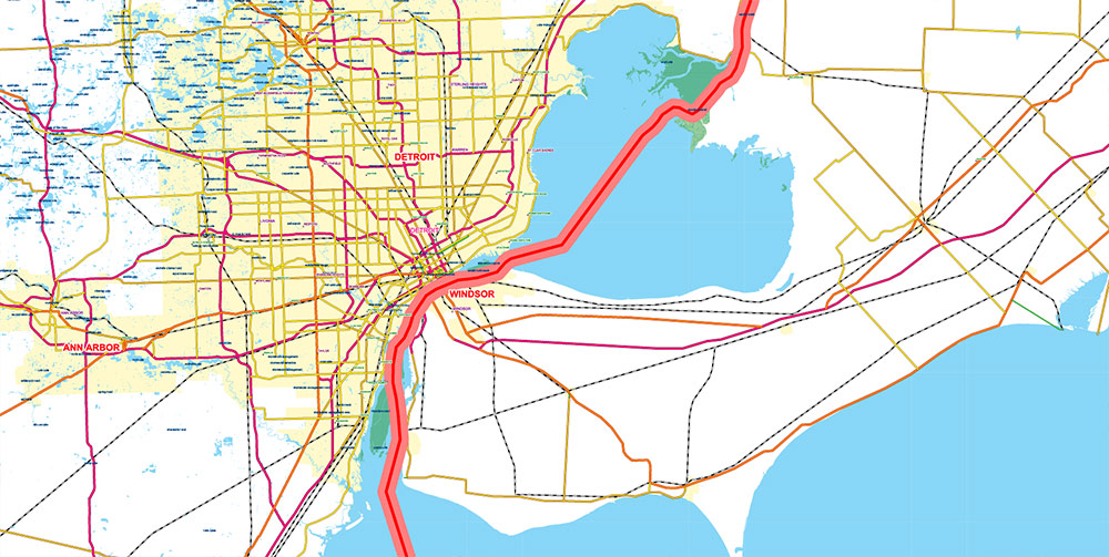 Great Lakes Area USA Canada Vector Map: high detailed road map editable Adobe Illustrator