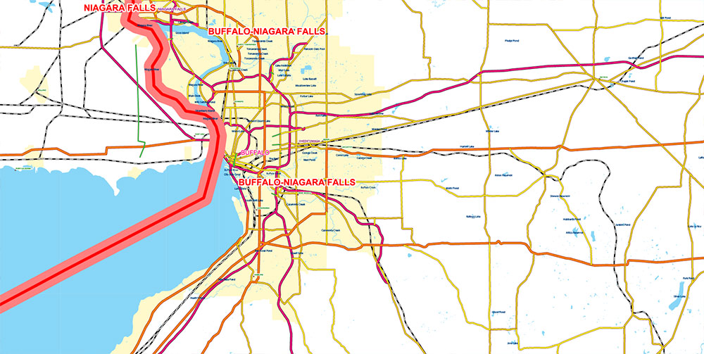Great Lakes Area USA Canada Vector Map: high detailed road map editable Adobe Illustrator