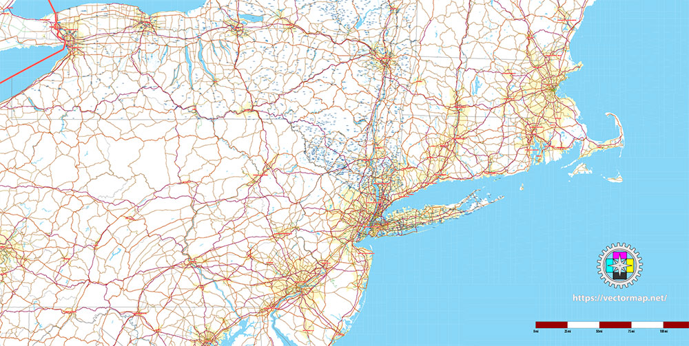 Great Lakes Area USA Canada Vector Map: high detailed road map editable Adobe Illustrator