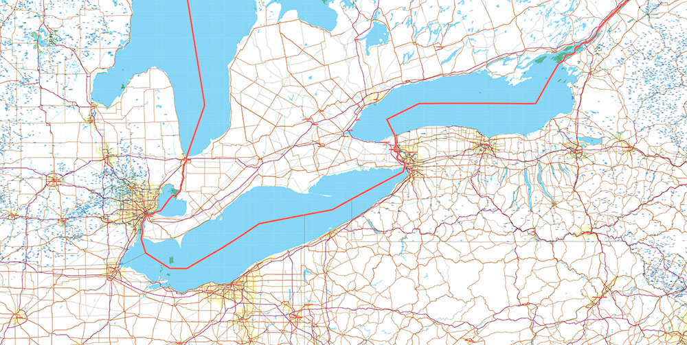 Great Lakes Area USA Canada Vector Map: high detailed road map editable Adobe Illustrator