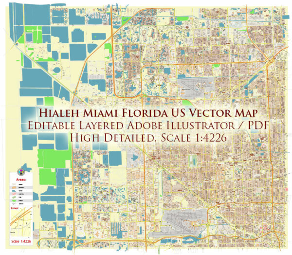Hialeh Miami Florida USA Map Vector Exact City Plan High Detailed Street Map editable Adobe Illustrator in layers