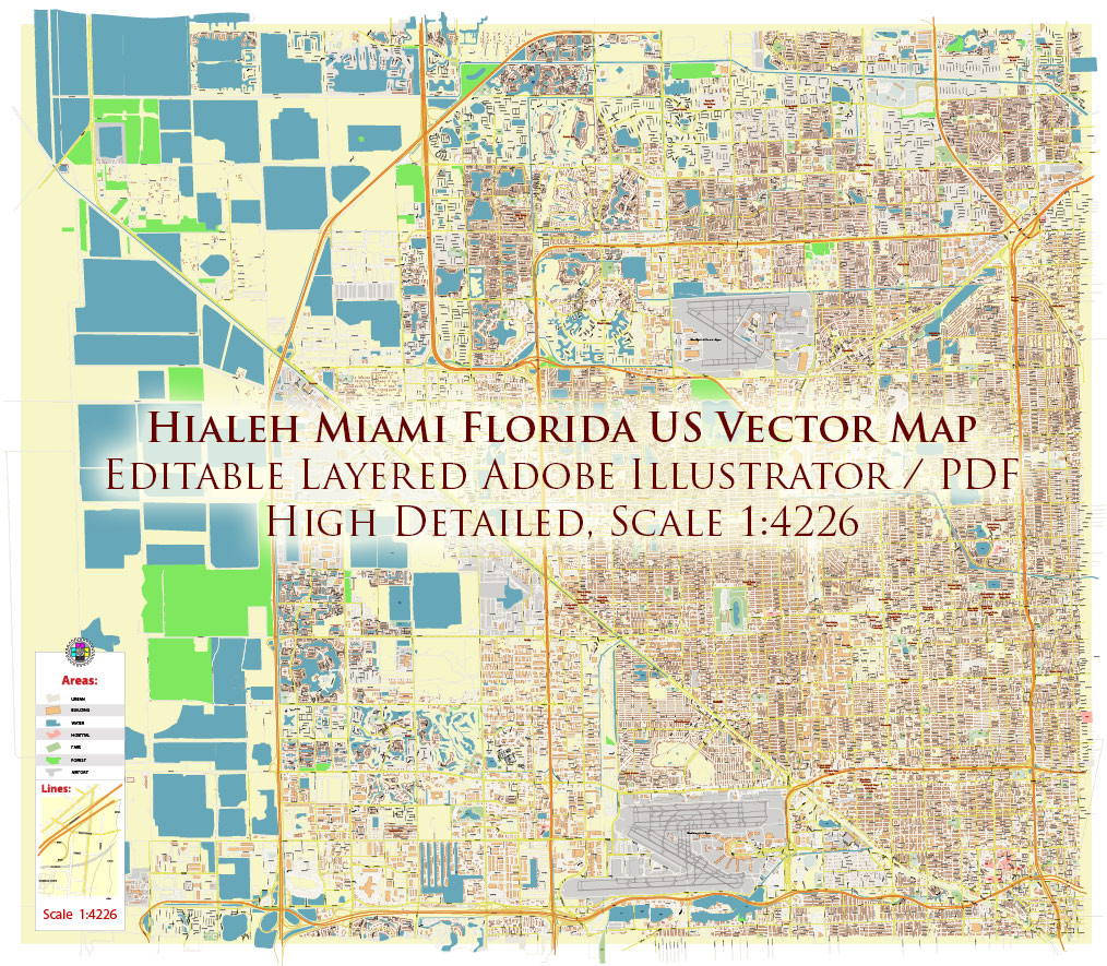 Hialeh Miami Florida USA Map Vector Exact City Plan High Detailed Street Map editable Adobe Illustrator in layers